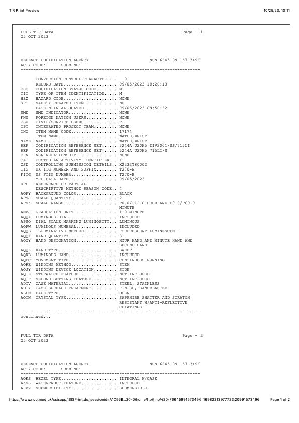 MWC Quartz Military Divers Watch with Sapphire Crystal and 10 Year Battery Life - NATO STOCK NUMBER NSN 6645-99-157-3496