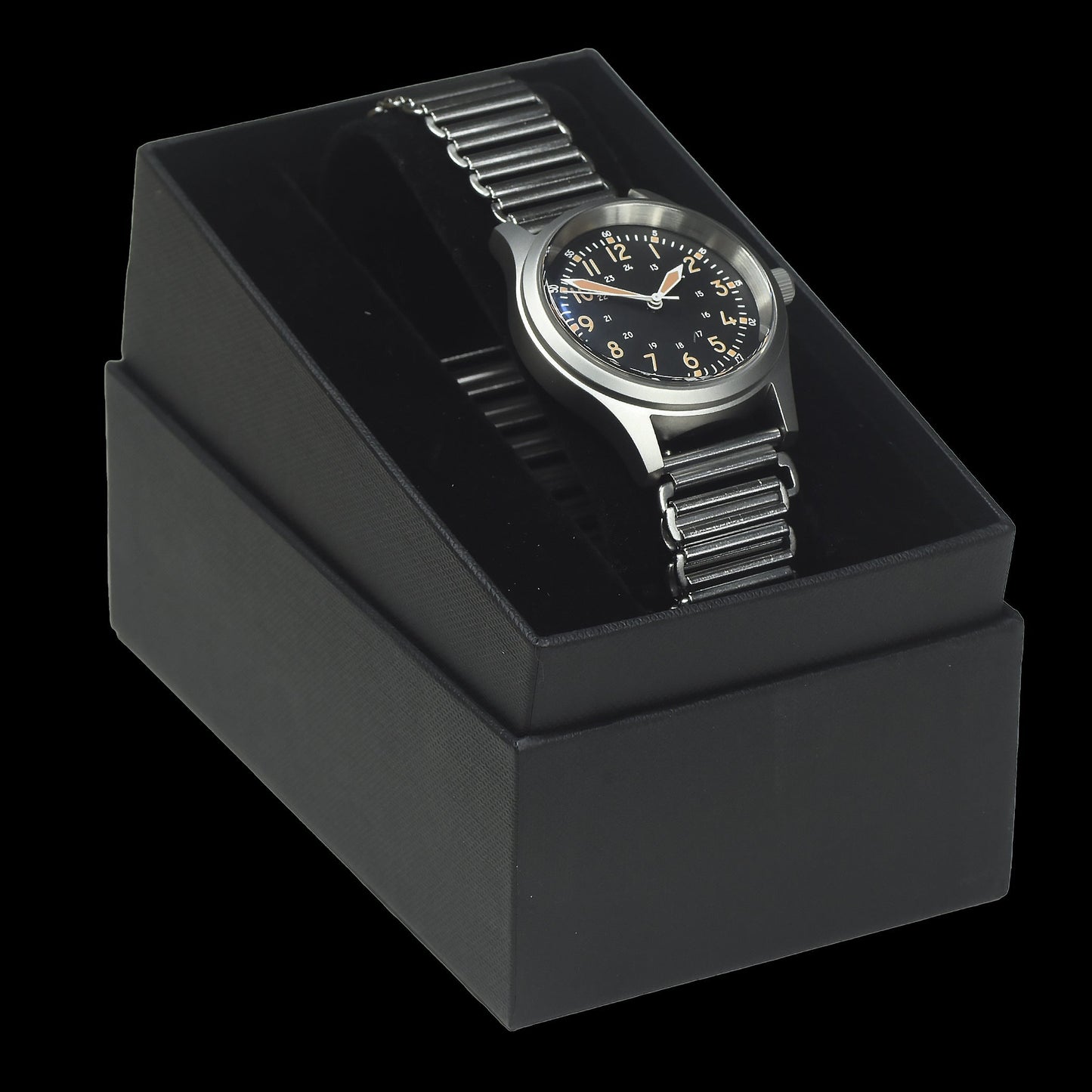 A-17 U.S 1950s Korean War Pattern Automatic Military Watch with Shatter and Scratch Resistant Box Sapphire Crystal on a Retro Stainless Steel "Bonklip" Bracelet with a Black Military Webbing Strap