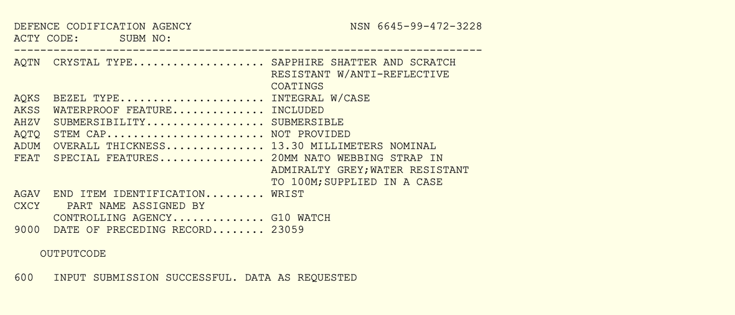 MWC G10 100m / 330ft ft Water resistant Stainless Steel Military Watch with Sapphire Crystal - NATO Stock Number: NSN 6645-99-472-3228
