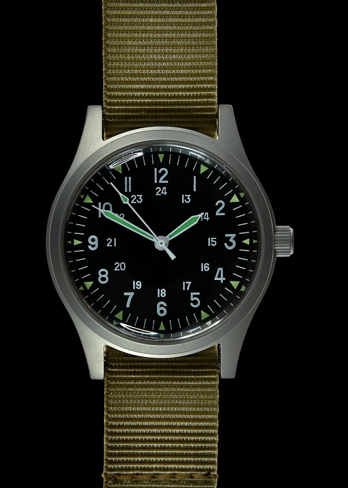 GG-W-113 U.S 1960s Pattern Automatic Military Watch with Shatter and Scratch Resistant Sapphire Box Crystal on Matching Retro Stainless Steel "Bonklip" Bracelet with an Additional Webbing Straps