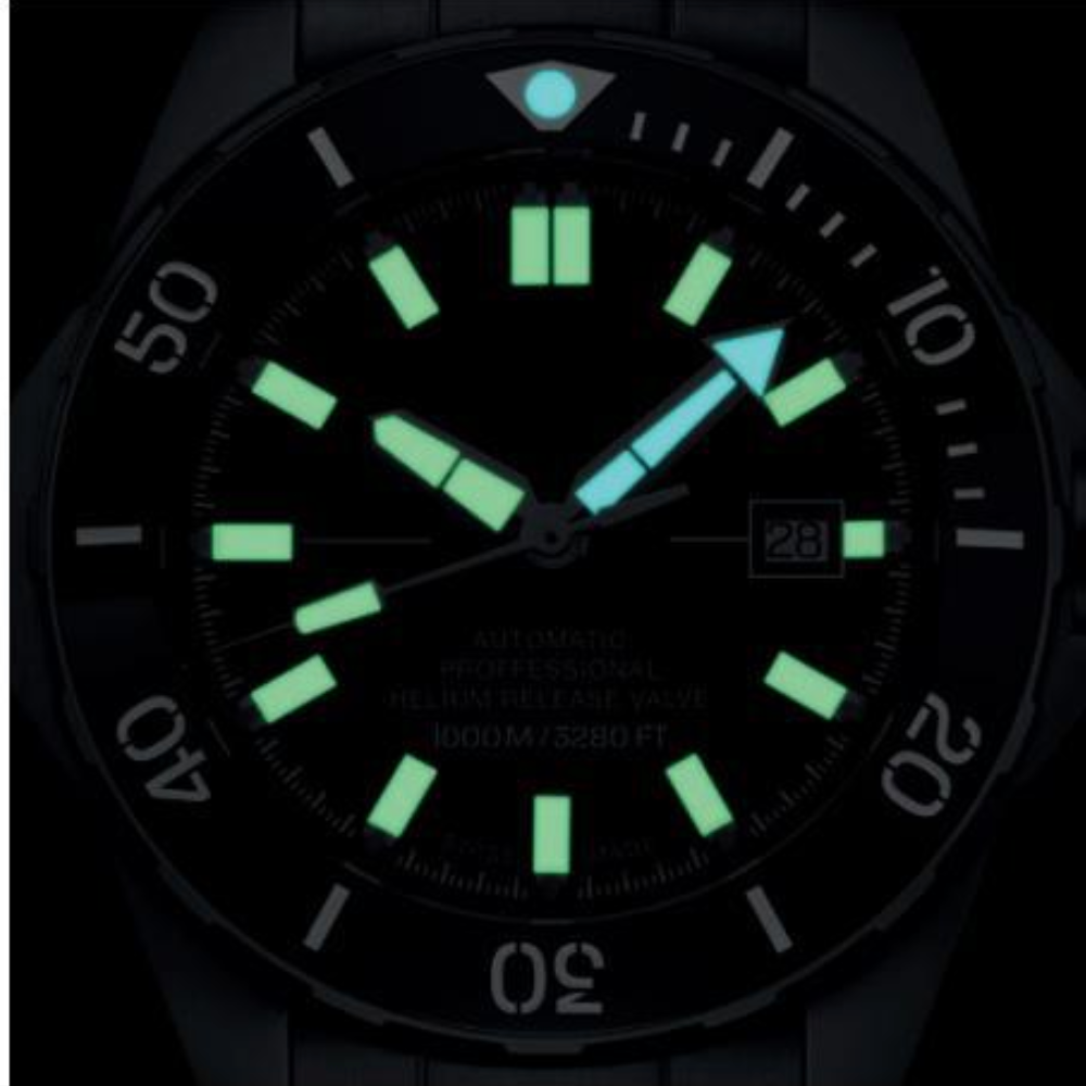 MWC 100atm / 3,280ft / 1000m Water Resistant Divers Watch in Stainless Steel Case with Helium Valve on a Matching Bracelet / 100% Swiss Made with Swiss 26 Jewel Automatic Movement