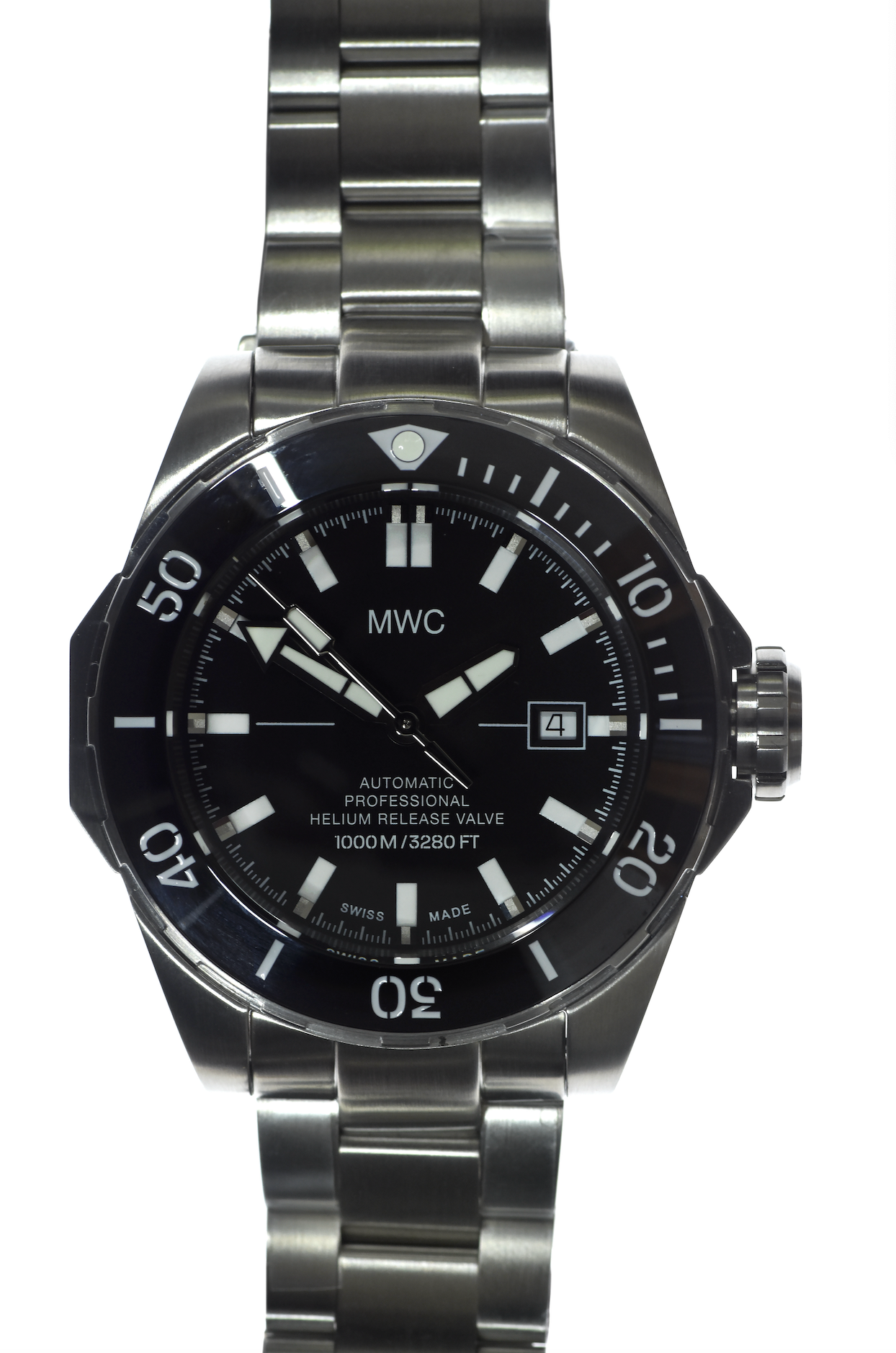 MWC 100atm / 3,280ft / 1000m Water Resistant Divers Watch in Stainless Steel Case with Helium Valve on a Matching Bracelet / 100% Swiss Made with Swiss 26 Jewel Automatic Movement