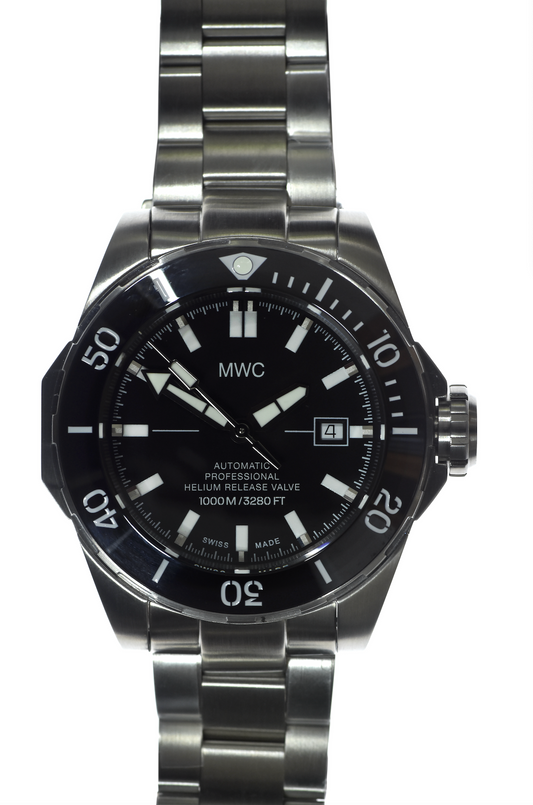 MWC 100atm / 3,280ft / 1000m Water Resistant Divers Watch in Stainless Steel Case with Helium Valve on a Matching Bracelet / 100% Swiss Made with Swiss 26 Jewel Automatic Movement