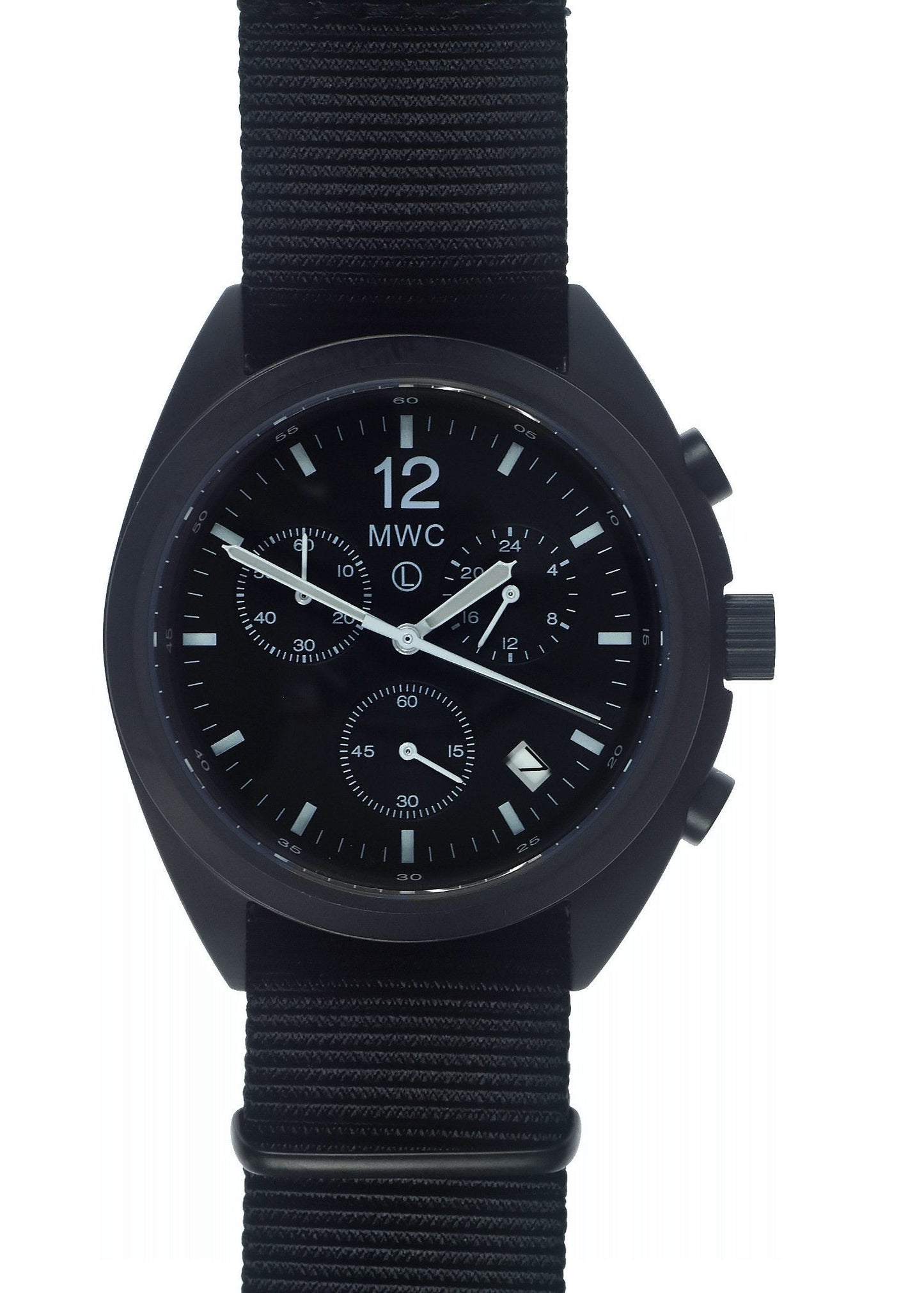 MWC Mechanical/Quartz Hybrid NATO Pattern Military Pilots Chronograph in Non Reflective Black PVD Finish