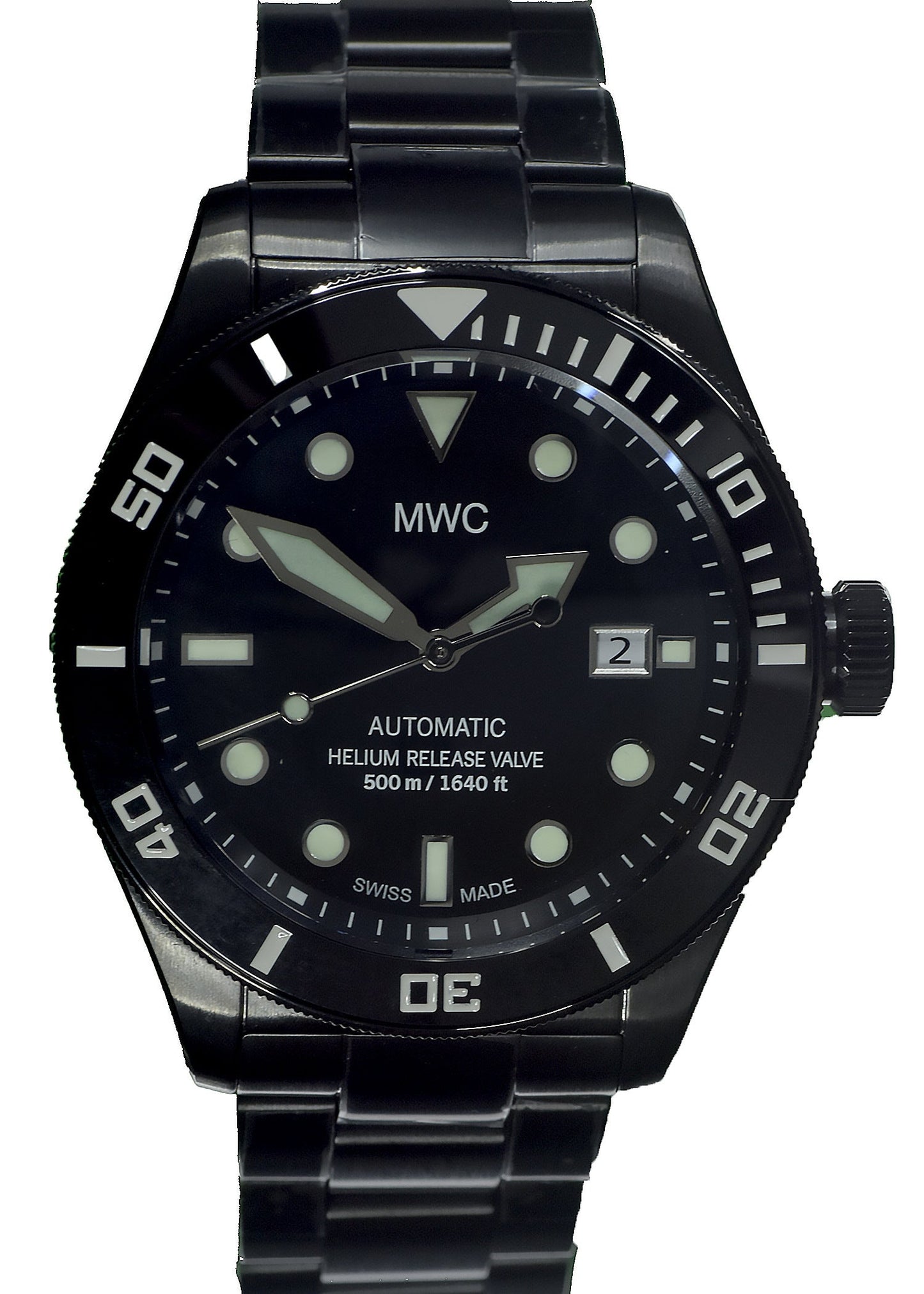 MWC Swiss Made 500m (1640ft) Water Resistant Automatic Divers Watch in Black PVD Stainless Steel With Sapphire Crystal, Ceramic Bezel and Helium Valve