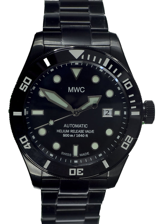 MWC Swiss Made 500m (1640ft) Water Resistant Automatic Divers Watch in Black PVD Stainless Steel With Sapphire Crystal, Ceramic Bezel and Helium Valve