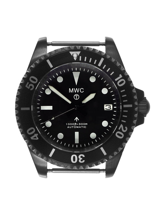 MWC 24 Jewel 1982 Pattern 300m Automatic Military Divers Watch in Black PVD with a Sapphire Crystal on a NATO Webbing Strap