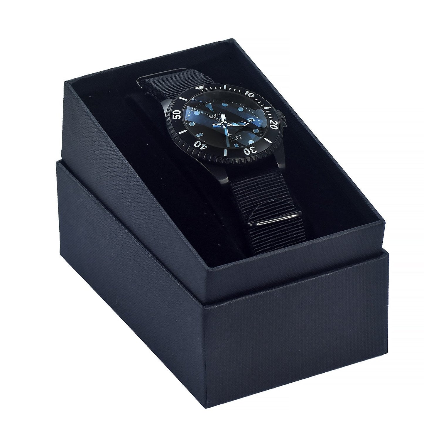 MWC 24 Jewel 1982 Pattern 300m Automatic Military Divers Watch in Black PVD with a Sapphire Crystal on a NATO Webbing Strap