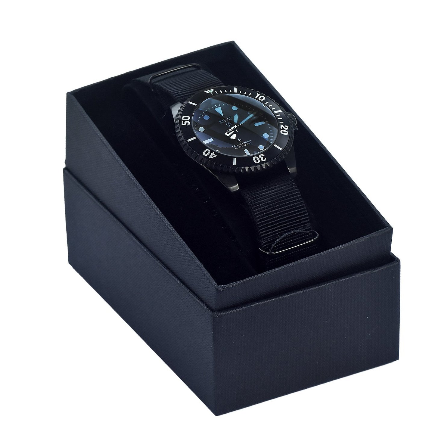 MWC 24 Jewel 1982 Pattern 300m Automatic Military Divers Watch in Black PVD with a Sapphire Crystal on a NATO Webbing Strap (Non Date Version)