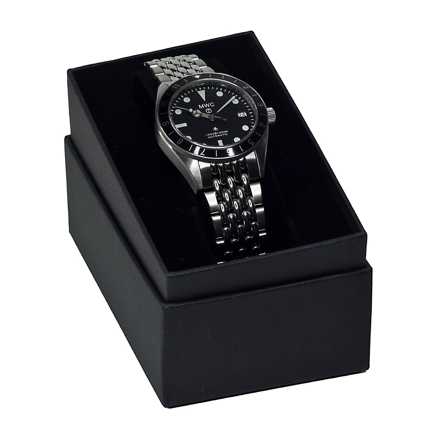 MWC Classic 1960s Pattern Automatic Dual Time Zone Divers Pattern Watch with Sapphire Crystal on a Matching Steel Bracelet