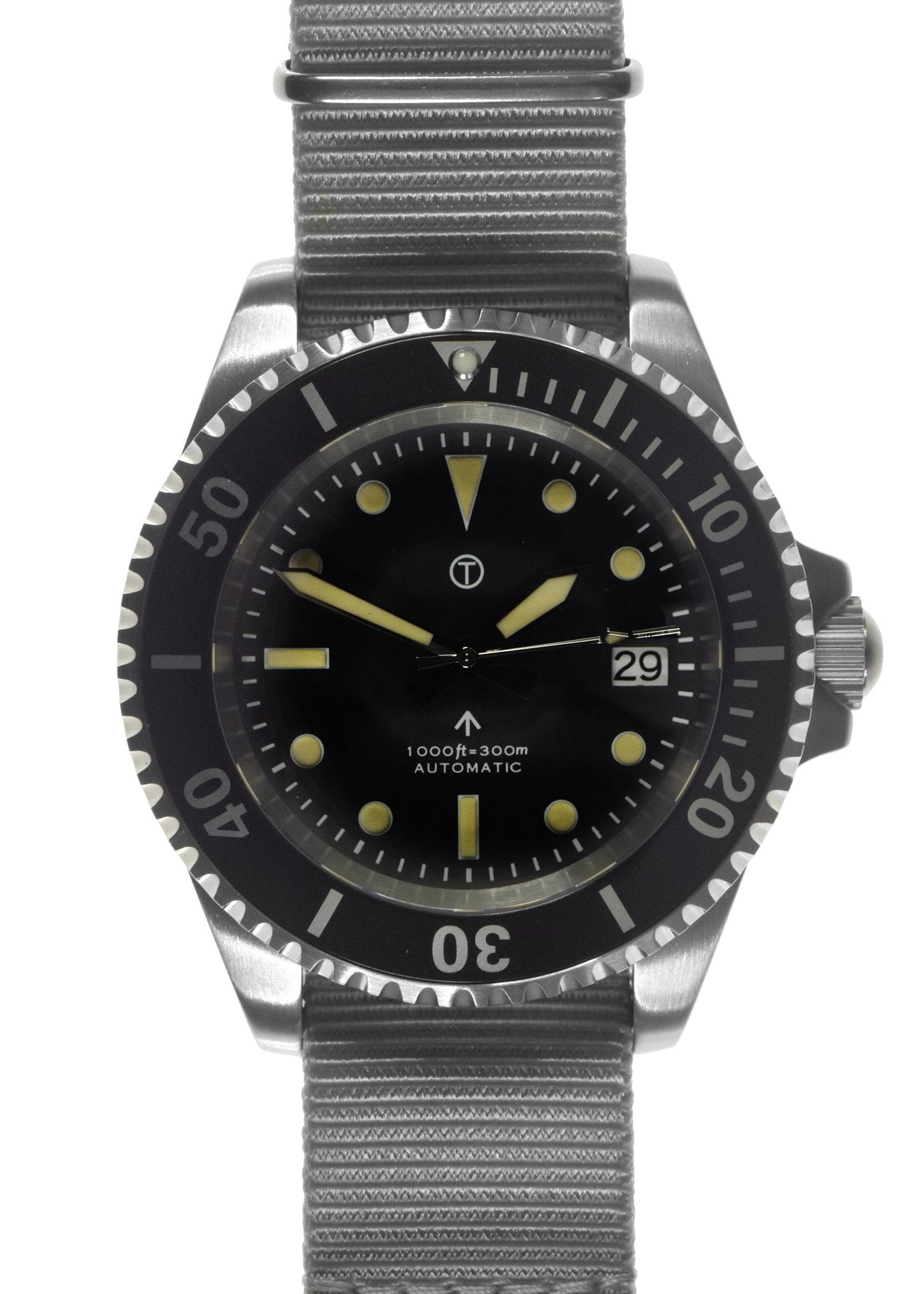 MWC 21 Jewel 1980s Pattern 300m Automatic Military Divers Watch with Sapphire Crystal and a Black and a Grey NATO Strap