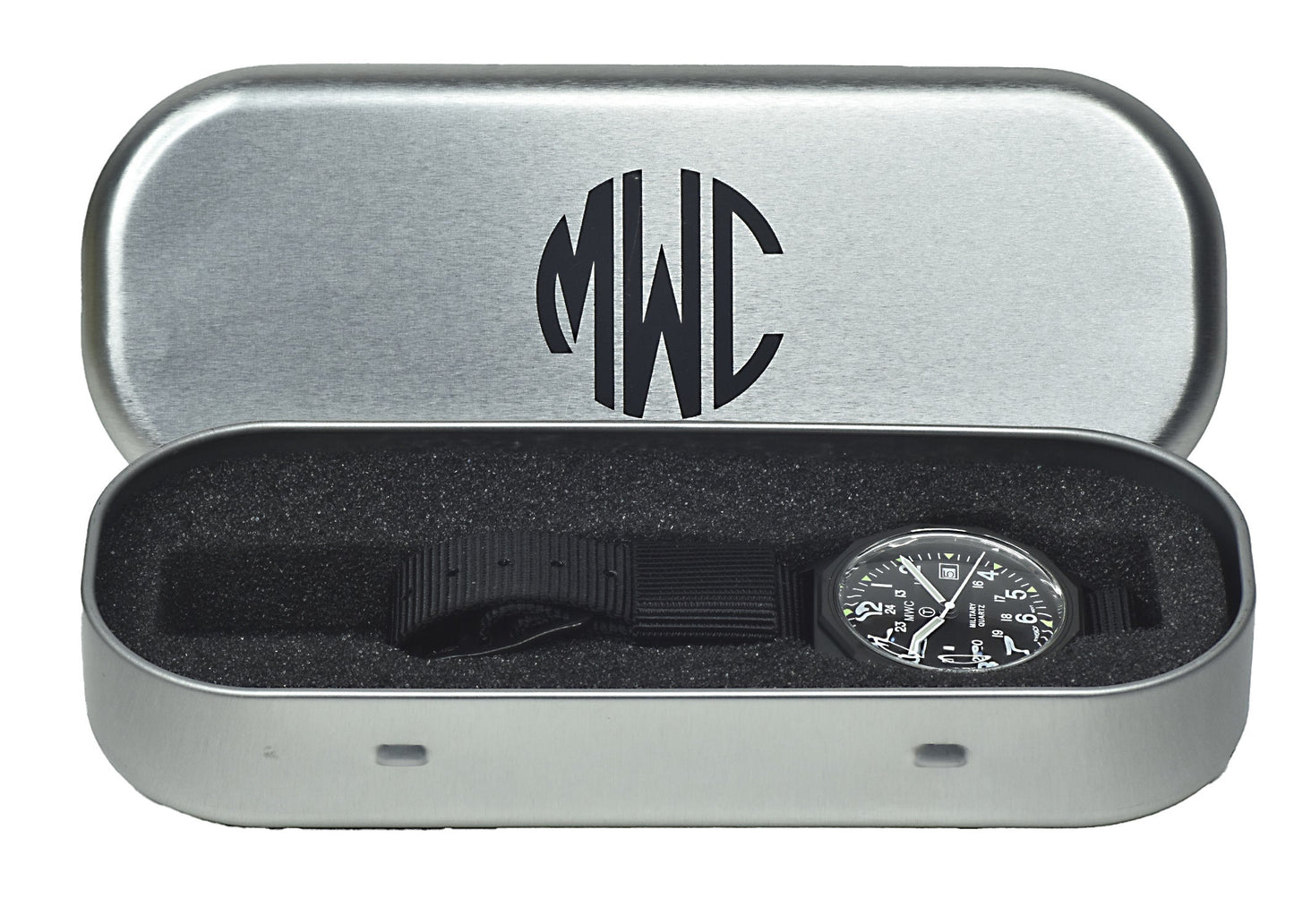 MWC G10 - Remake of the 1982 to 1999 Series Watch in Black PVD Steel with 12/24 NATO dial Pattern, Plexiglass Crystal and Battery Hatch