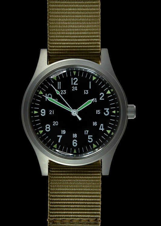 GG-W-113 U.S 1960s Pattern Automatic 100m/330ft Water Resistant Military Watch with Shatter and Scratch Resistant Sapphire Box Crystal