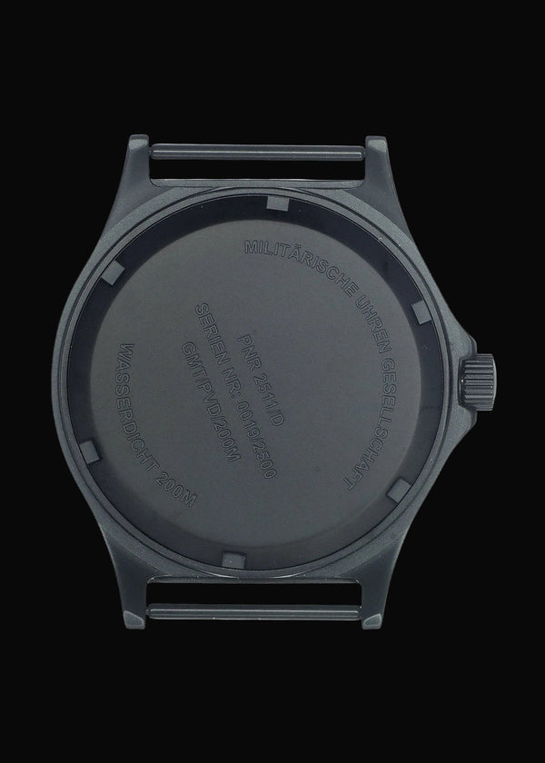 MWC GMT (Dual Time Zone) 200m/660ft Water resistant Military Watch in Black PVD Steel Case with Screw Crown
