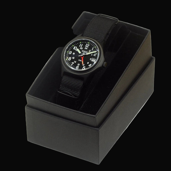 MWC GMT (Dual Time Zone) 200m/660ft Water resistant Military Watch in Black PVD Steel Case with Screw Crown