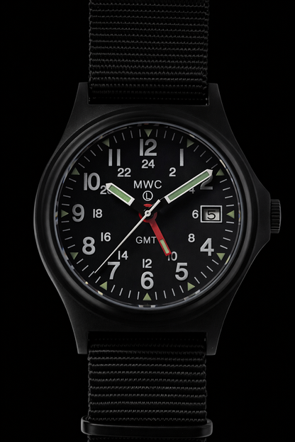 MWC GMT (Dual Time Zone) 200m/660ft Water resistant Military Watch in Black PVD Steel Case with Screw Crown