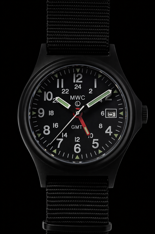 MWC GMT (Dual Time Zone) 200m/660ft Water resistant Military Watch in Black PVD Steel Case with Screw Crown