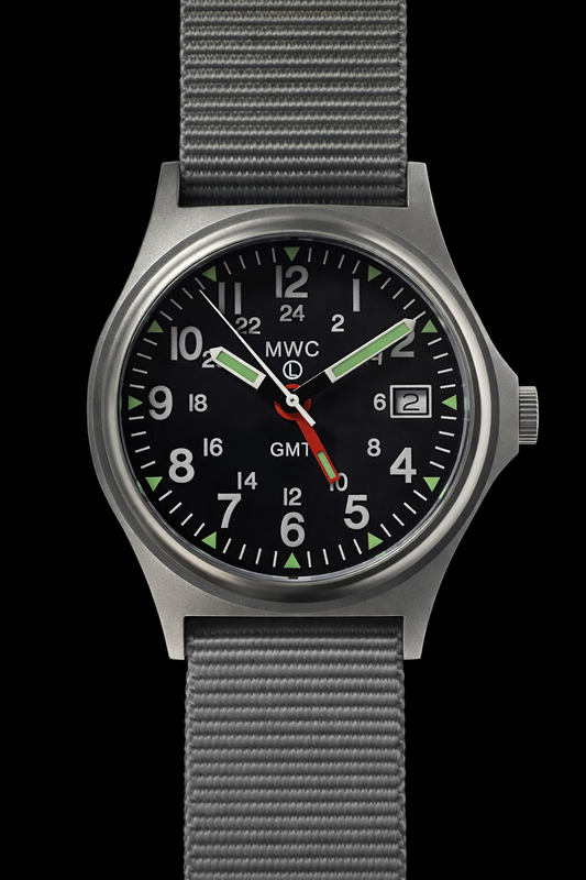 MWC GMT (Dual Time Zone) 200m/660ft Water resistant Military Watch in Stainless Steel Case with Screw Crown
