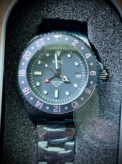 MWC GMT (Dual Time Zone) PVD Military Watch on Matching Steel Bracelet