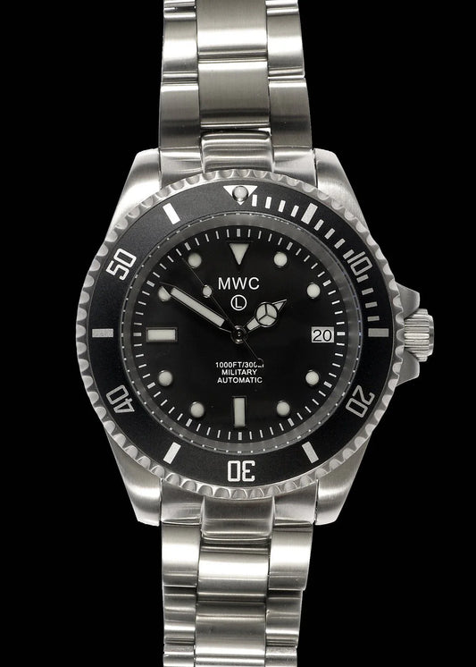 MWC Latest Model 24 Jewel 300m Automatic Military Divers Watch with Sapphire Crystal and Ceramic Bezel on a Steel Bracelet