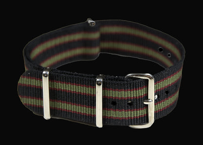 The Original 1964 007 Band! 20mm Black, Red and Olive Green NATO Military Watch Strap in Ballistic Nylon