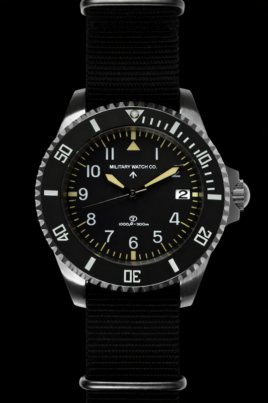 MWC 24 Jewel 1980 Pattern 300m Automatic Military Divers Watch with Sapphire Crystal and Ceramic Bezel on a NATO Webbing Strap (With Date)