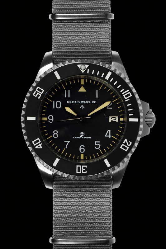 MWC 24 Jewel 1980 Pattern 300m Automatic Military Divers Watch with Sapphire Crystal and Ceramic Bezel on a NATO Webbing Strap (With Date)
