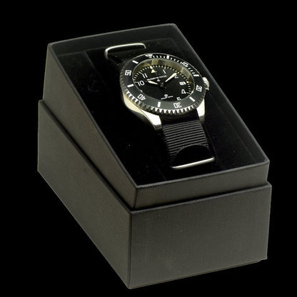 MWC 24 Jewel 1980 Pattern 300m Automatic Military Divers Watch with Sapphire Crystal and Ceramic Bezel on a NATO Webbing Strap (With Date)