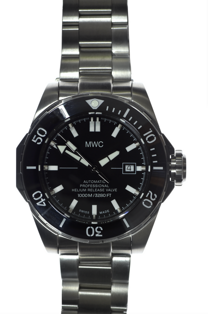 MWC 100atm / 3,280ft / 1000m Water Resistant Divers Watch in Stainless Steel Case with Helium Valve on a Matching Bracelet / 100% Swiss Made with Swiss 26 Jewel Automatic Movement - Special Introductory Offer