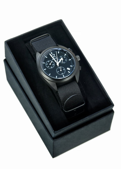 MWC Mechanical/Quartz Hybrid NATO Pattern Military Pilots Chronograph in Non Reflective Black PVD Finish