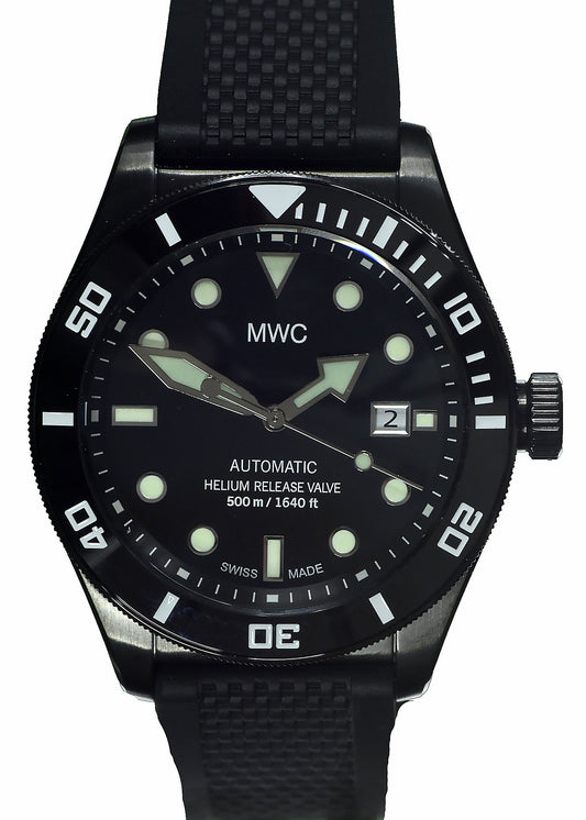 MWC Swiss Made 500m (1640ft) Water Resistant Automatic Divers Watch in Black PVD Stainless Steel With Sapphire Crystal, Ceramic Bezel and Helium Valve