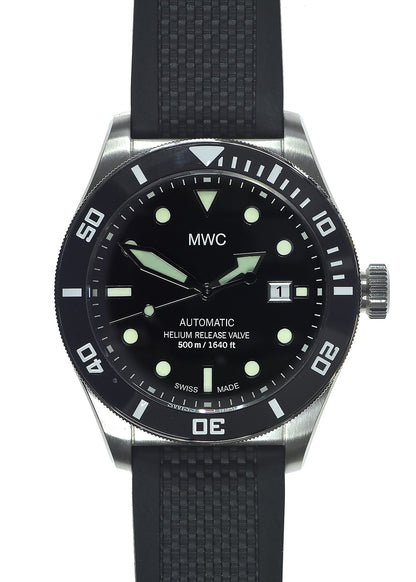 MWC Swiss Made 500m (1640ft) Water Resistant Automatic Divers Watch in Stainless Steel With Sapphire Crystal, Ceramic Bezel and Helium Valve