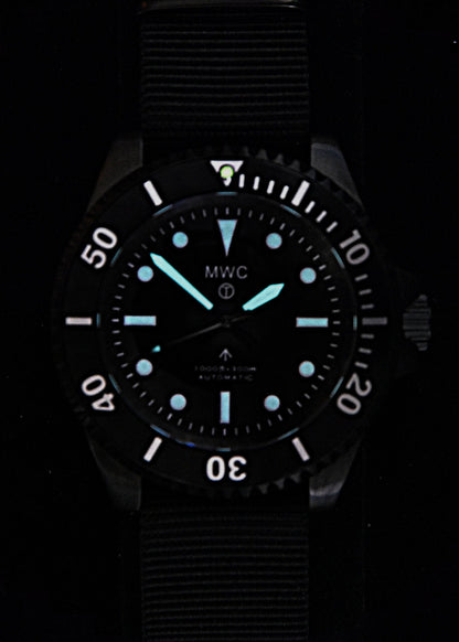 MWC 24 Jewel 1982 Pattern 300m Automatic Military Divers Watch in Black PVD with a Sapphire Crystal on a NATO Webbing Strap