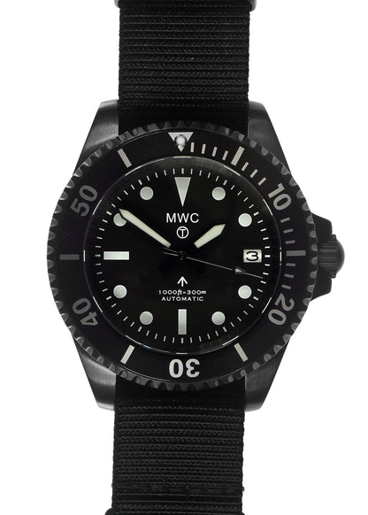MWC 24 Jewel 1982 Pattern 300m Automatic Military Divers Watch in Black PVD with a Sapphire Crystal on a NATO Webbing Strap