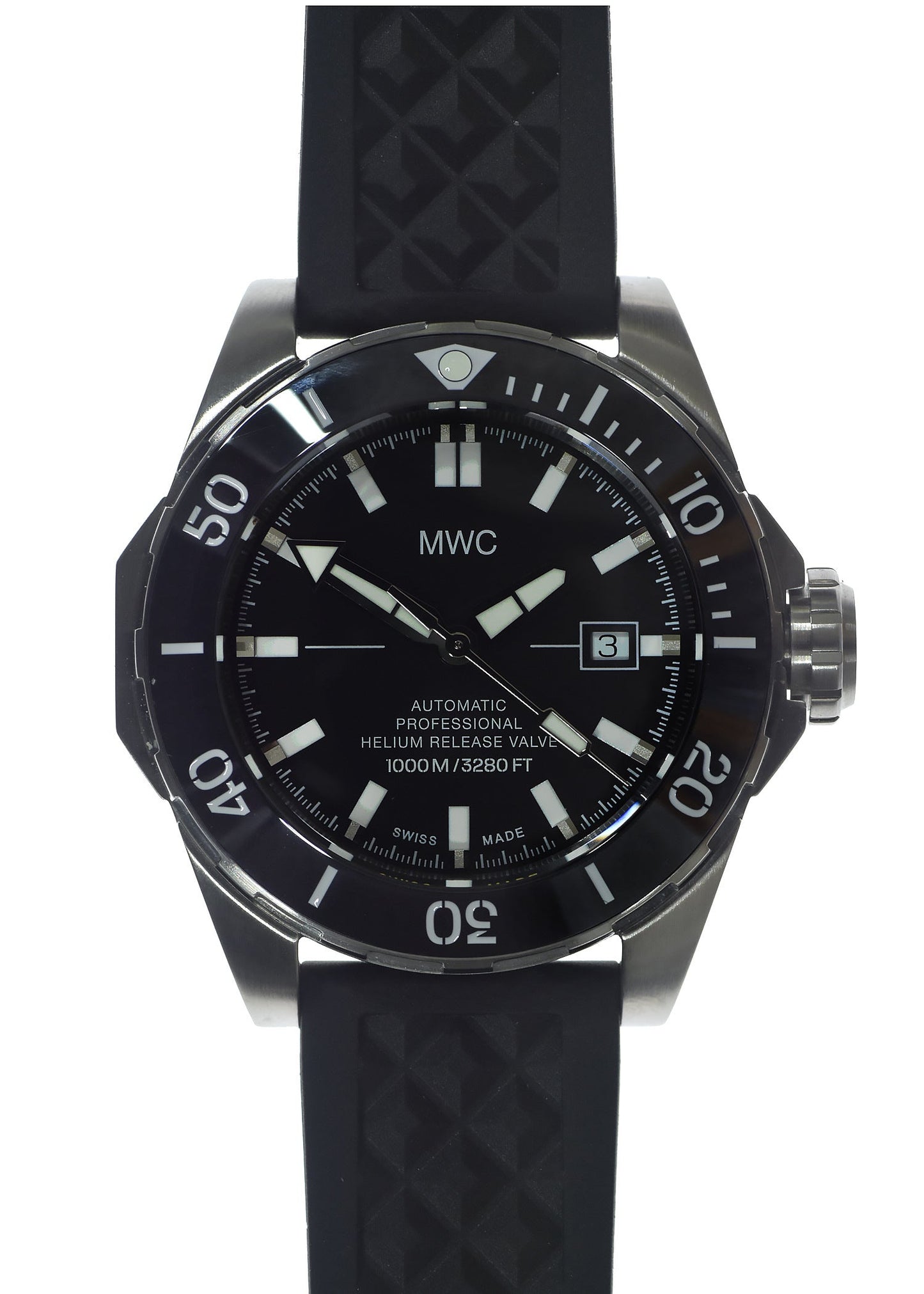 MWC 100atm / 3,280ft / 1000m Water Resistant Divers Watch in Stainless Steel Case with Helium Valve on Silicon Strap / 100% Swiss Made with Swiss 26 Jewel Automatic Movement - Special Introductory Offer