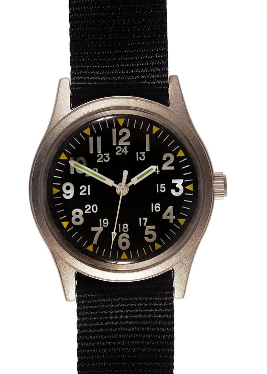 MWC Classic 1970s Pattern MIL-W-46374 Pattern Military Watch on a Black Military Webbing Strap