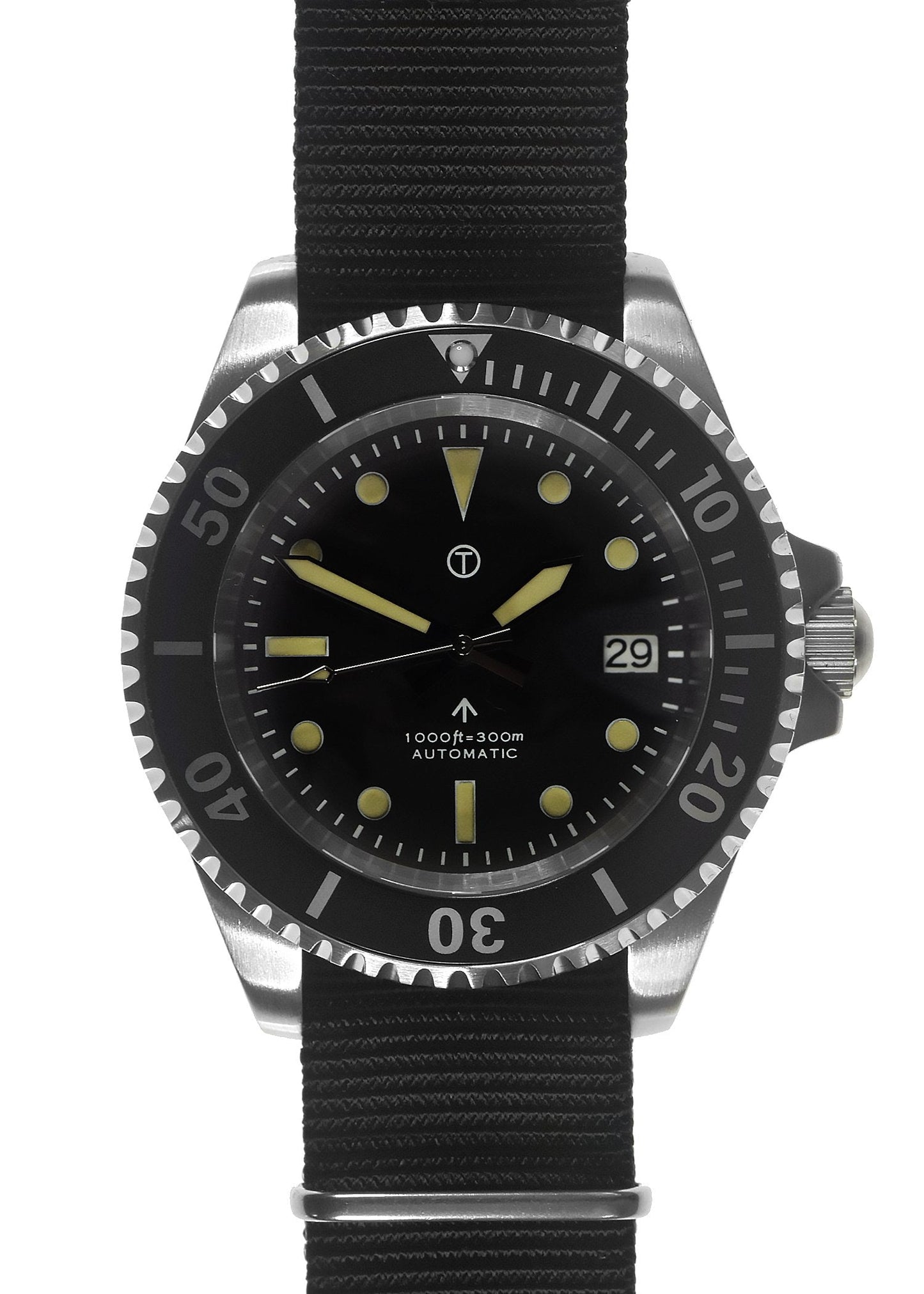 MWC 21 Jewel 1980s Pattern 300m Automatic Military Divers Watch with Sapphire Crystal and a Black and a Grey NATO Strap
